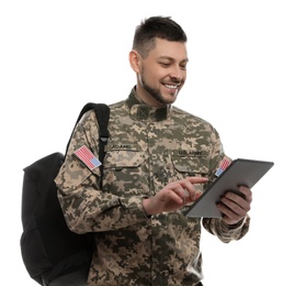 Photo of Cadet with backpack and tablet isolated on white. Military education