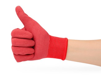 Photo of Woman in gardening glove showing thumbs up on white background, closeup