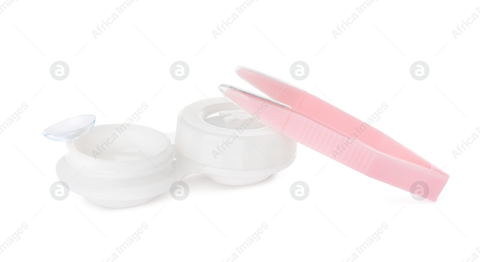 Photo of Case with contact lenses and tweezers on white background
