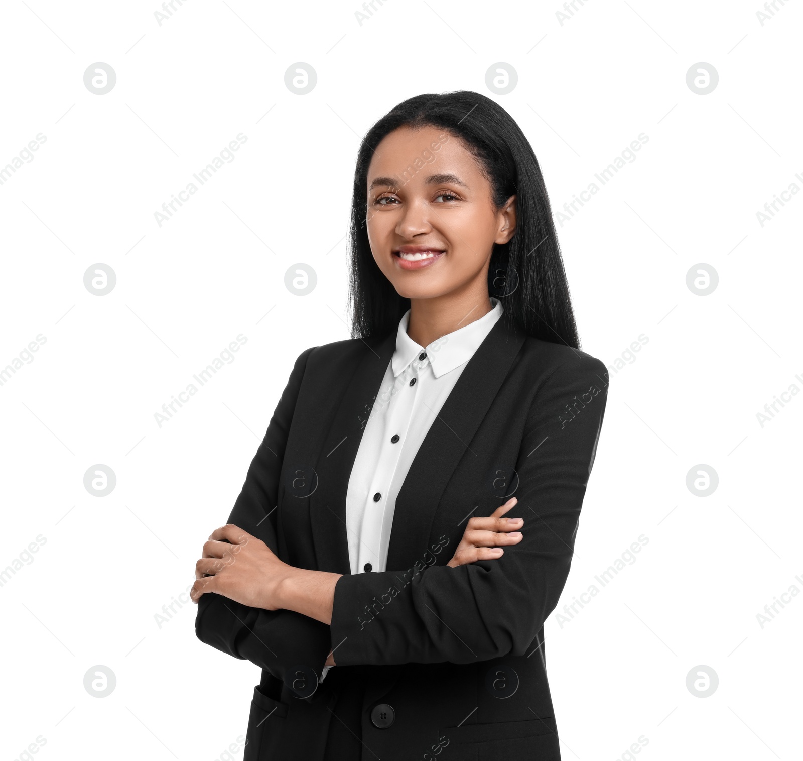 Photo of Portrait of beautiful secretary on white background