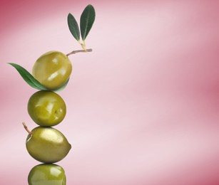 Image of Stack of whole green olives with leaves on pink gradient background, space for text