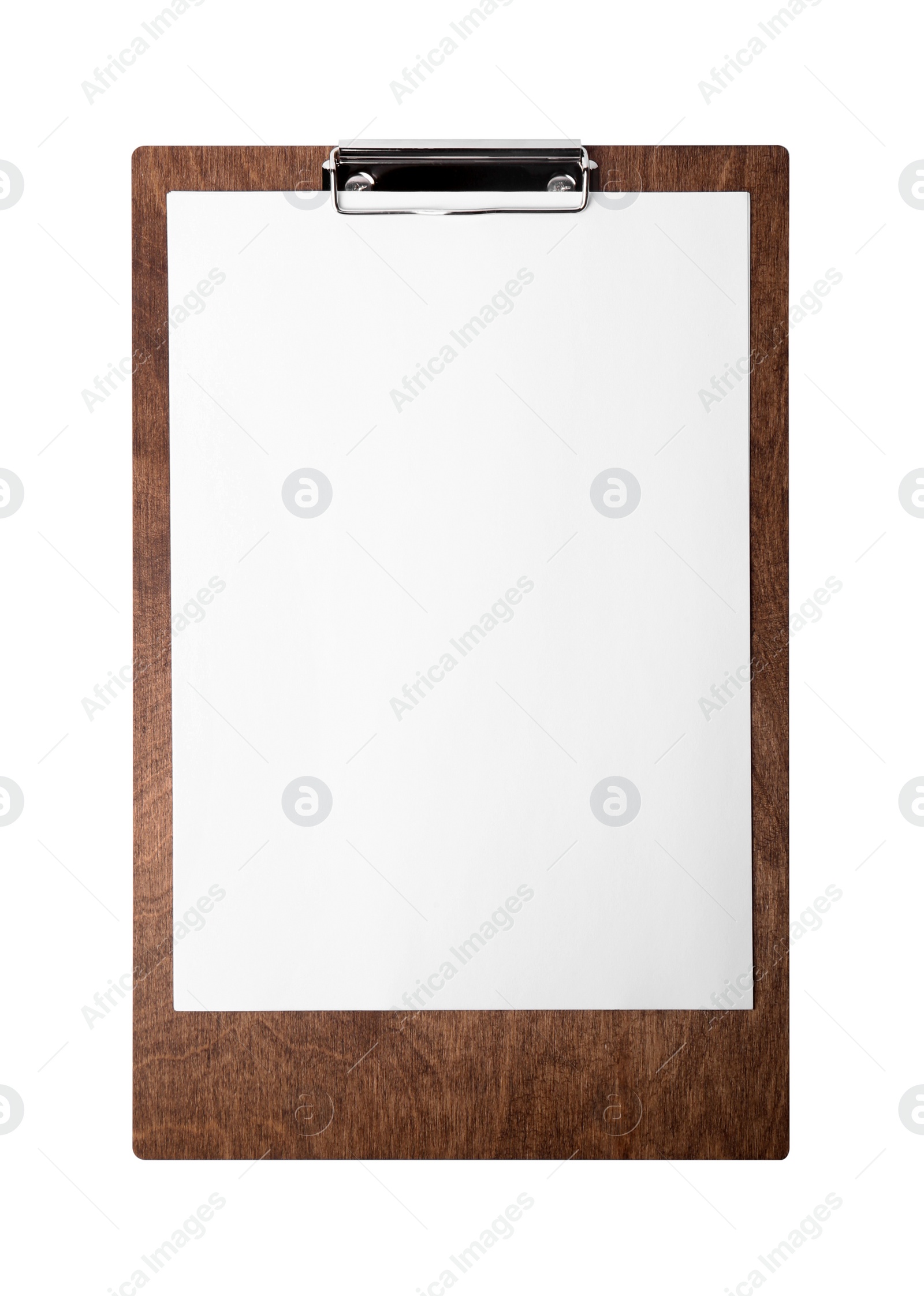 Photo of Wooden clipboard with sheet of paper isolated on white, top view. Space for text