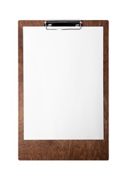 Photo of Wooden clipboard with sheet of paper isolated on white, top view. Space for text