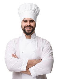 Photo of Happy young chef in uniform on white background