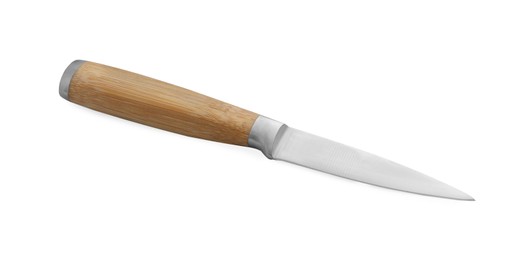 Photo of One sharp knife with wooden handle isolated on white