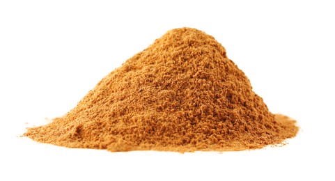 Photo of Pile of dry aromatic cinnamon powder isolated on white