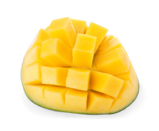 Photo of Half of ripe mango cut into cubes isolated on white