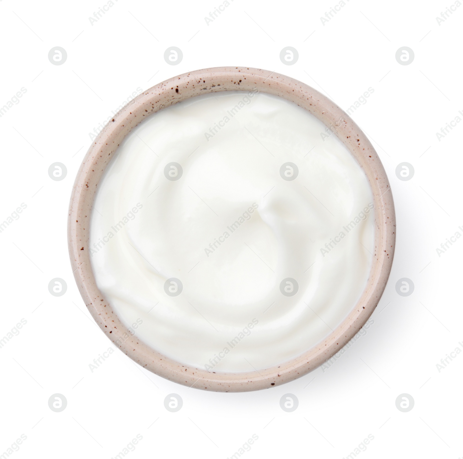 Photo of Delicious natural yogurt in bowl isolated on white, top view