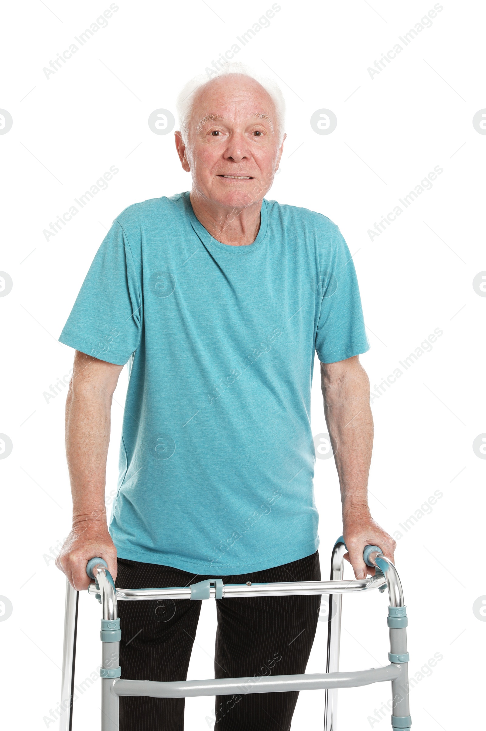 Photo of Portrait of elderly man using walking frame isolated on white
