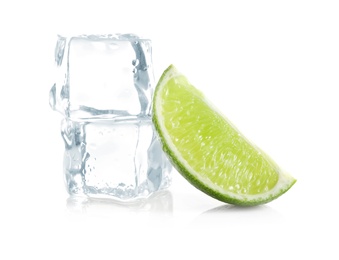 Photo of Slice of fresh ripe lime and ice cubes on white background