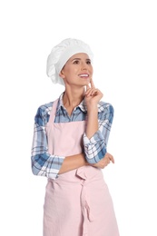 Dreaming female chef in apron on white background