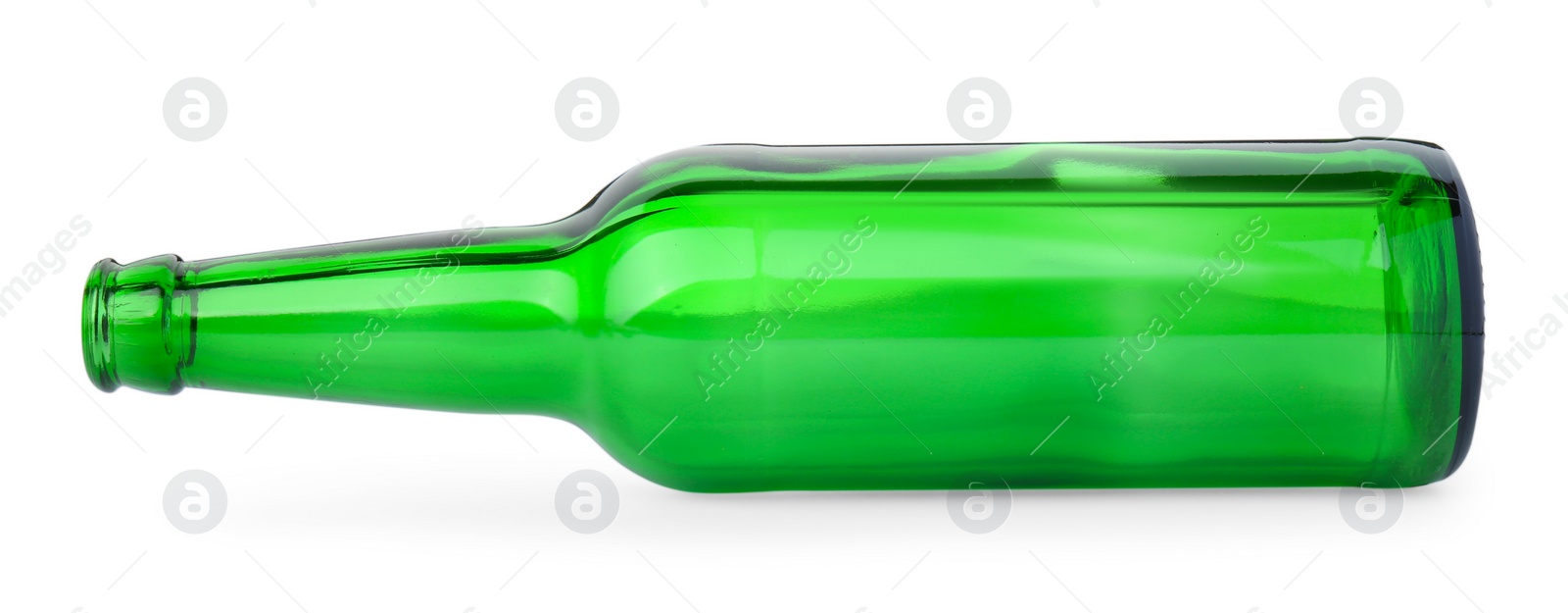 Photo of One empty green beer bottle isolated on white