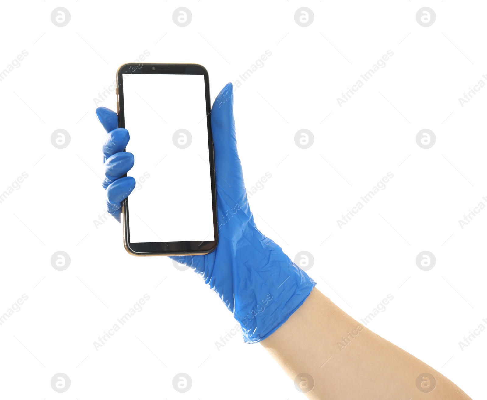 Photo of Woman in blue latex gloves holding smartphone on white background, closeup of hand. Mockup for design