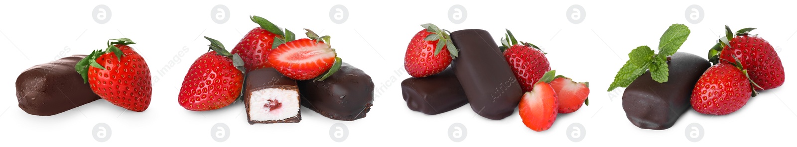 Image of Collage of glazed curd cheese bars with strawberry filling on white background