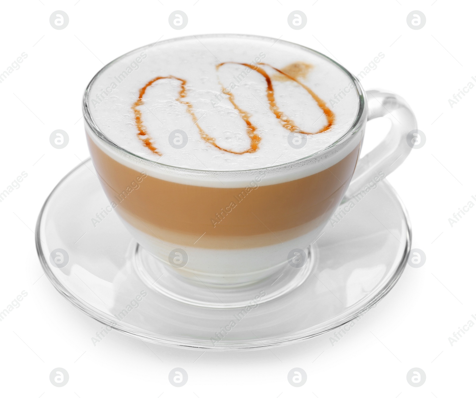 Photo of Glass cup of tasty caramel macchiato on white background