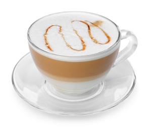 Photo of Glass cup of tasty caramel macchiato on white background