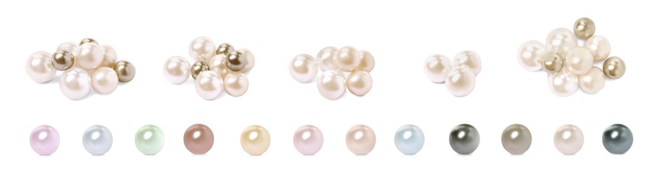 Set with beautiful pearls on white background. Banner design