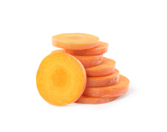 Photo of Slices of fresh ripe carrot isolated on white