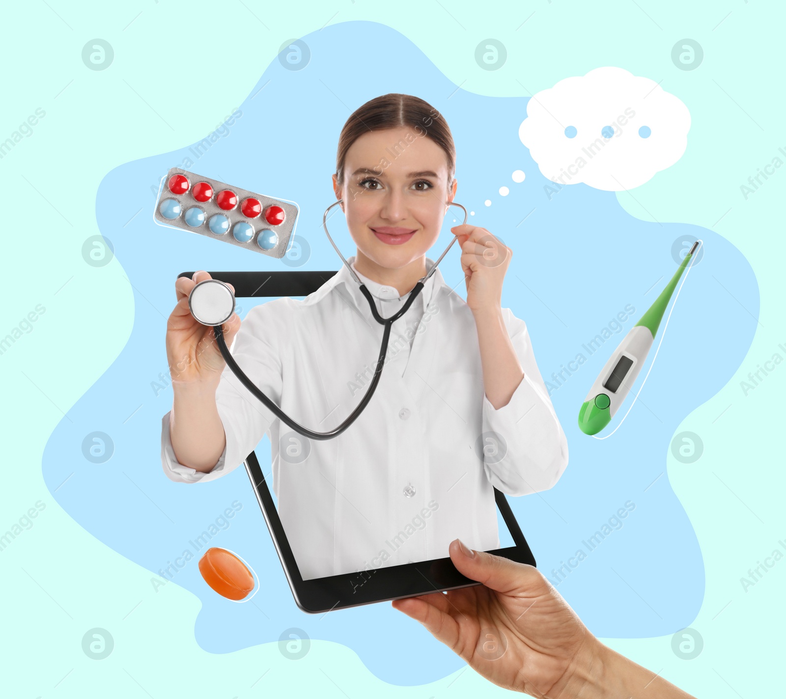 Image of Online medicine. Closeup view of woman having appointment with doctor via tablet on color background
