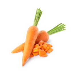 Whole and cut ripe carrots isolated on white