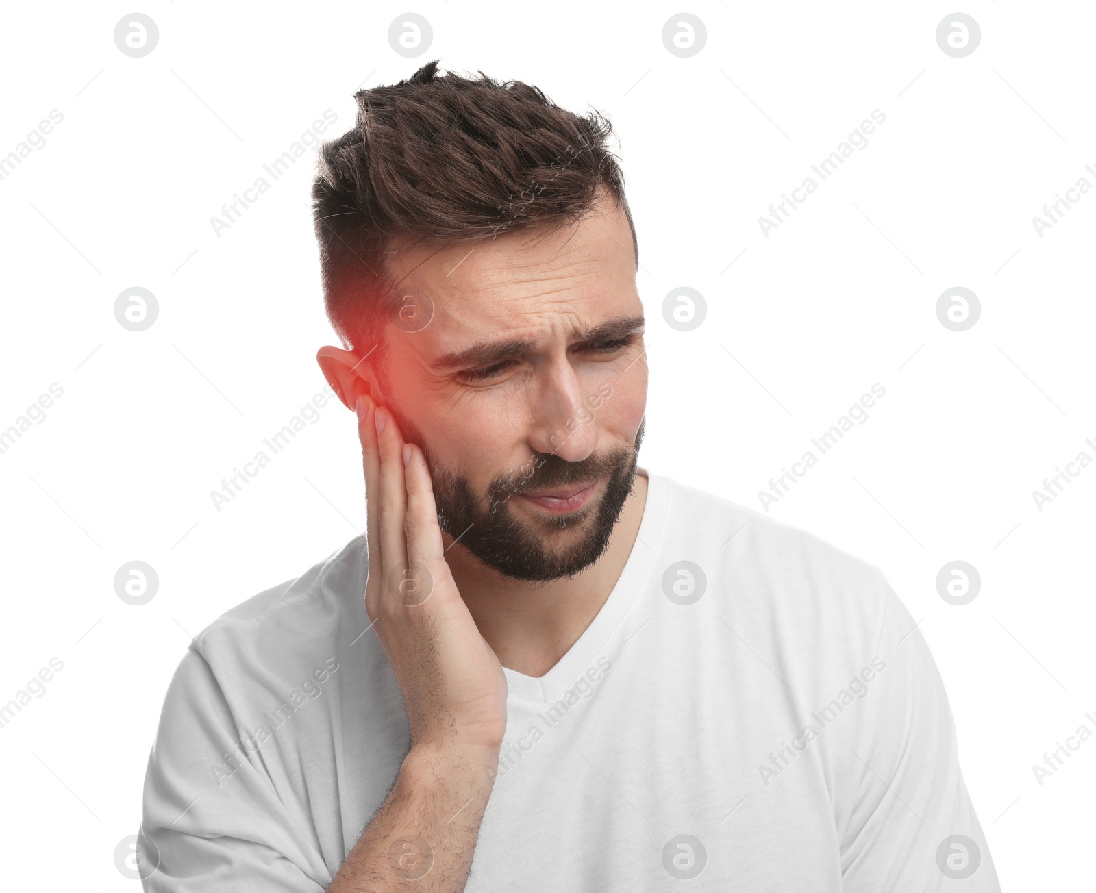 Image of Man suffering from ear pain on white background