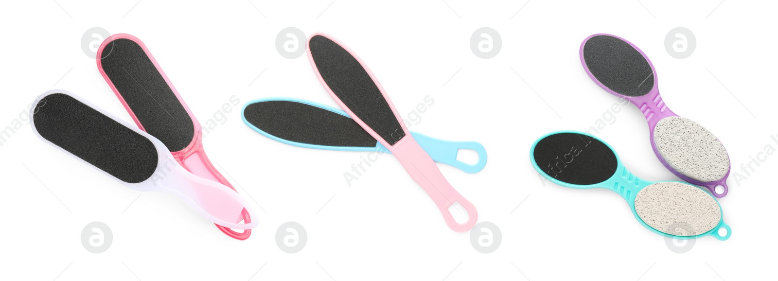 Image of Set with different foot files on white background. Banner design 