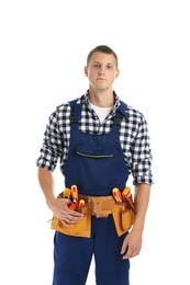 Electrician with tools wearing uniform on white background