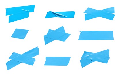 Image of Collage with pieces of light blue insulating tape on white background