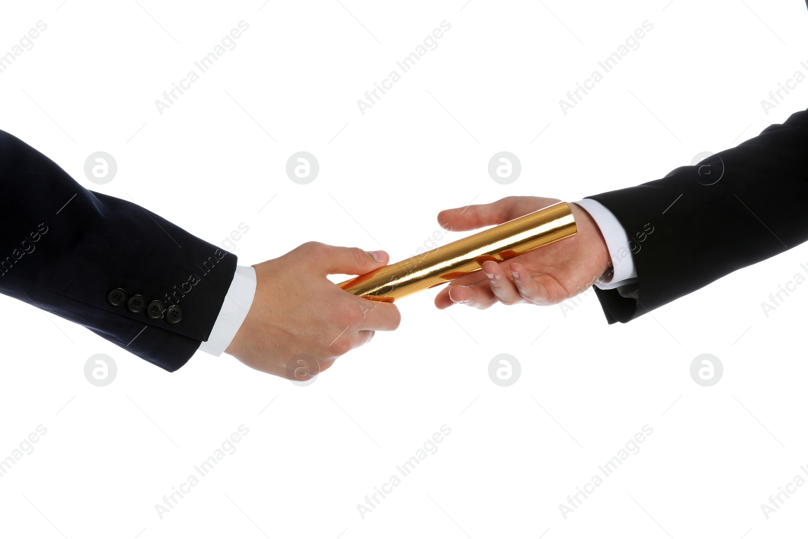 Photo of Businessman passing relay baton to colleague isolated on white, closeup