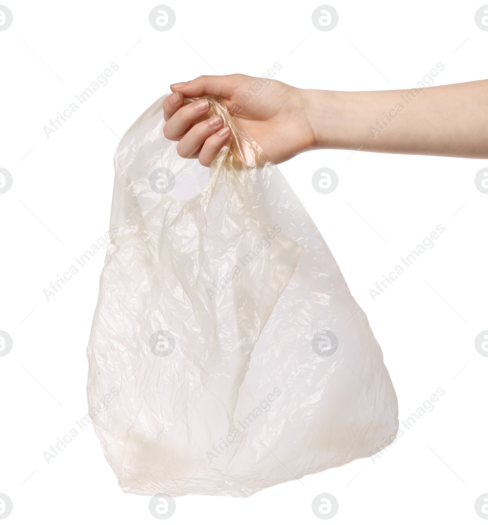 Photo of Woman holding empty plastic bag on white background, closeup