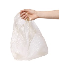 Photo of Woman holding empty plastic bag on white background, closeup