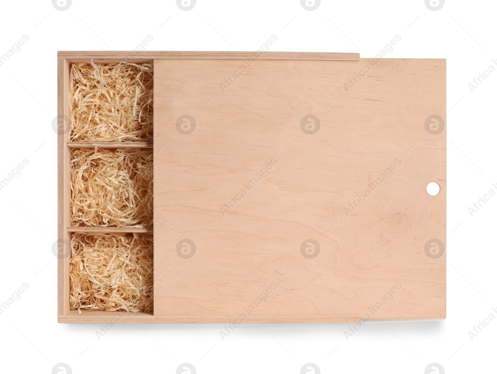 Photo of Open wooden wine box with straw isolated on white