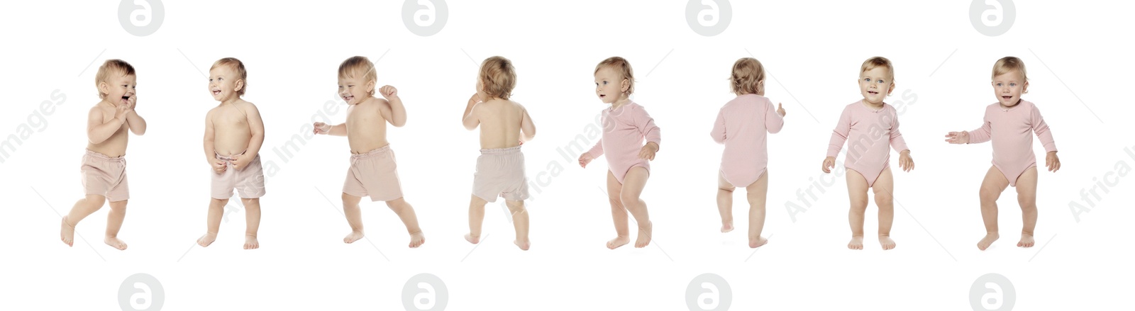 Image of Collage with photos of cute baby learning to walk on white background. Banner design
