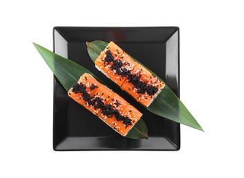 Photo of Delicious sushi rolls on white background, top view