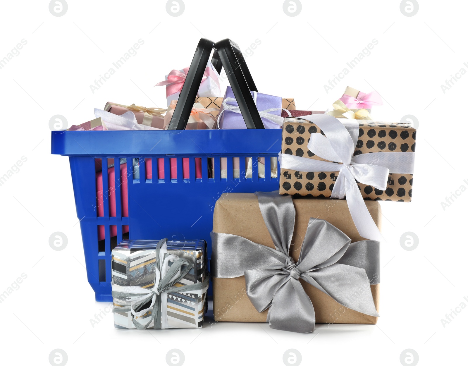 Photo of Blue shopping basket with different gifts on white background