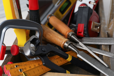 Set of different carpenter's tools, closeup view