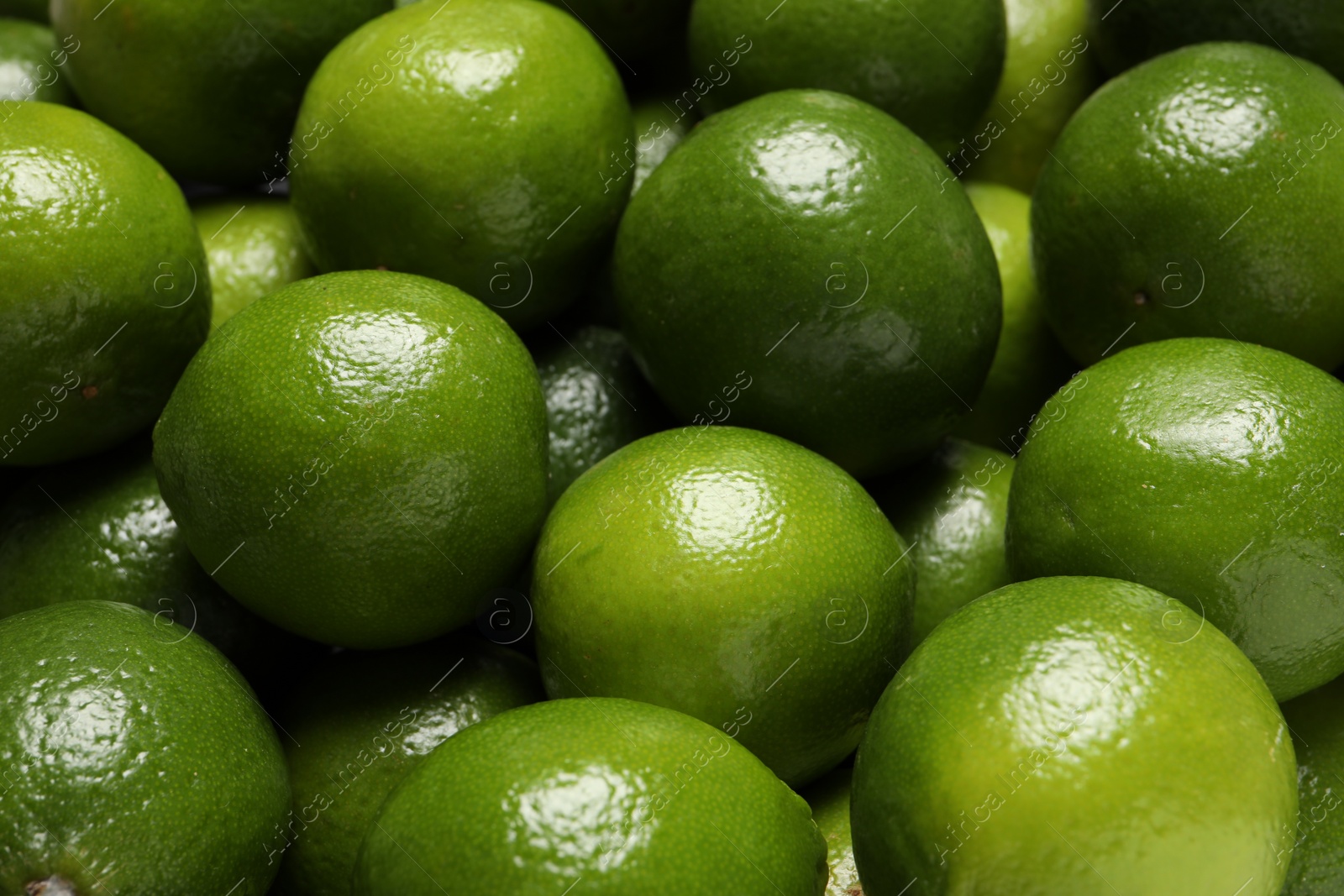 Photo of Many fresh ripe limes as background, closeup