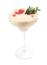 Delicious fig smoothie in glass on white background