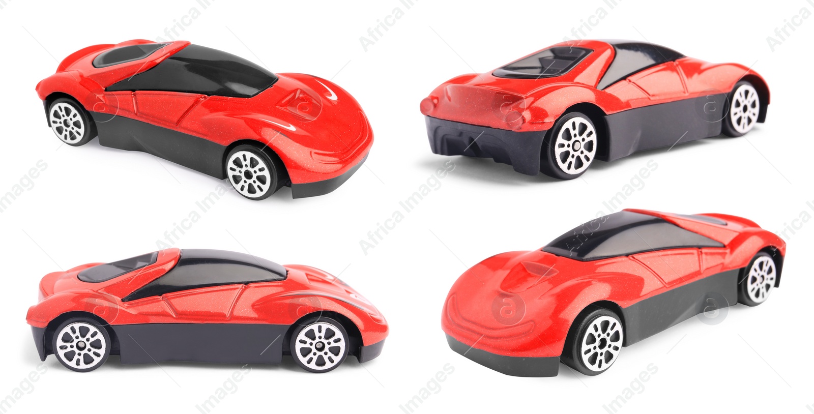 Image of Red toy car isolated on white, different sides