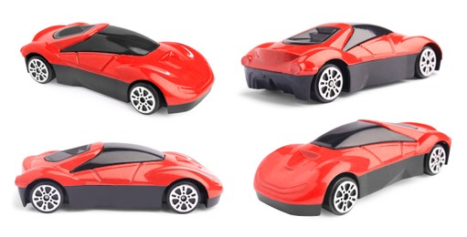 Image of Red toy car isolated on white, different sides