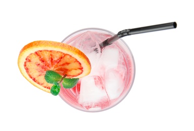 Photo of Glass of drink with orange and ice cubes isolated on white, top view