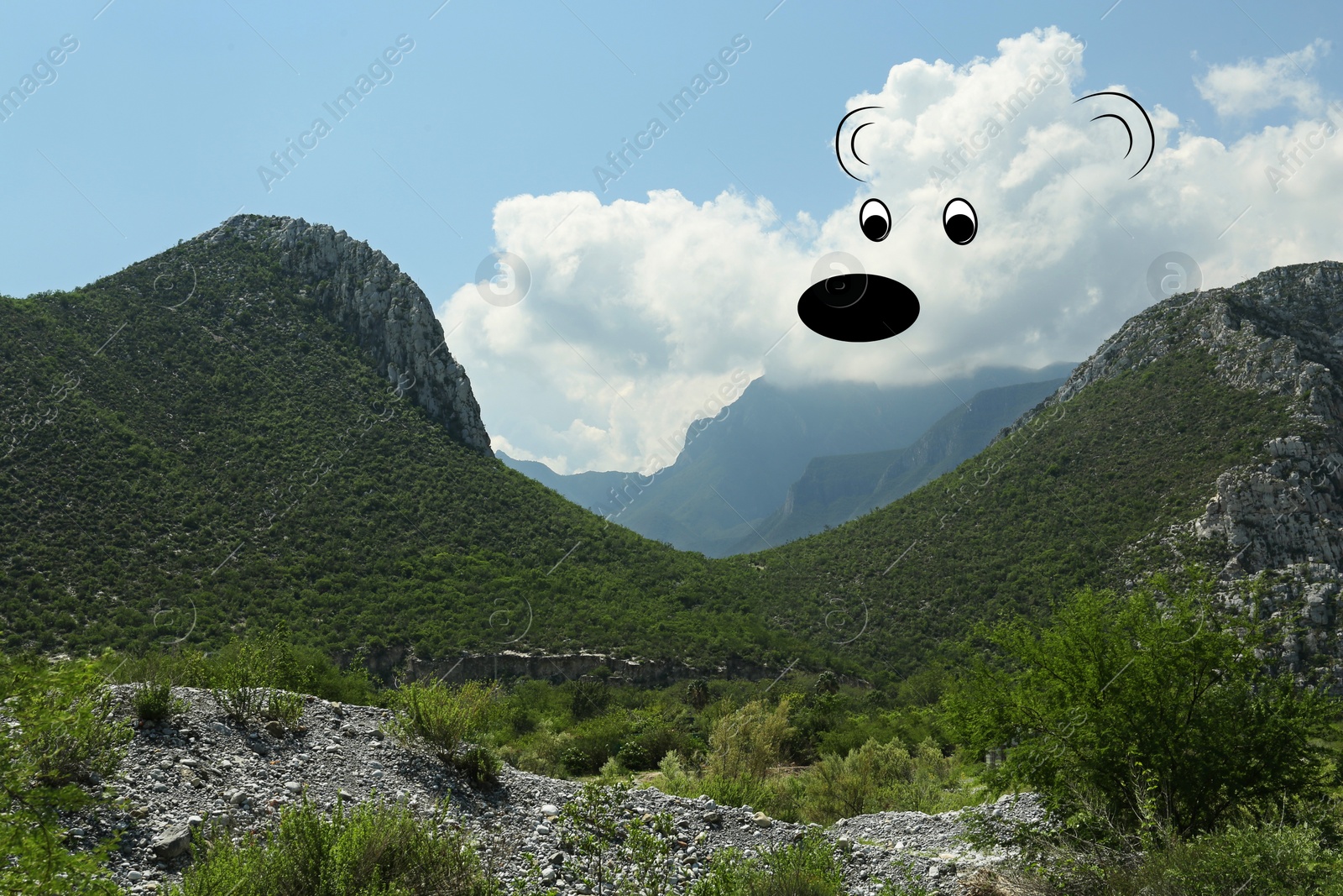 Image of Imagination and creativity. Fluffy cloud in shape of bear with drawn outline in blue sky above mountains