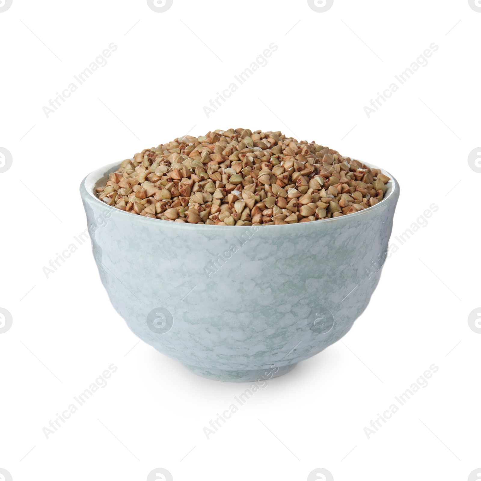 Photo of Organic green buckwheat in bowl isolated on white