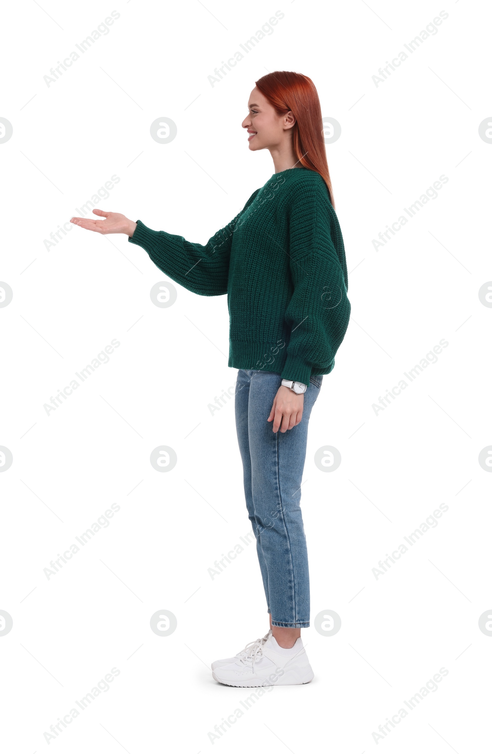 Photo of Portrait of happy woman on white background