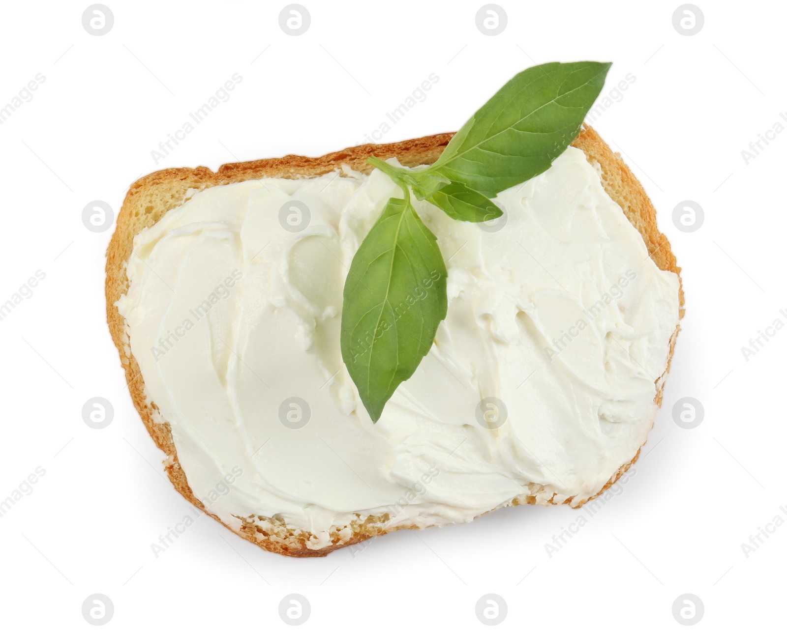 Photo of Bread with cream cheese and basil leaves isolated on white, top view