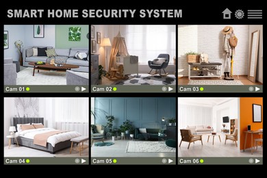 Image of Smart home security system. Different rooms, view from cameras in house