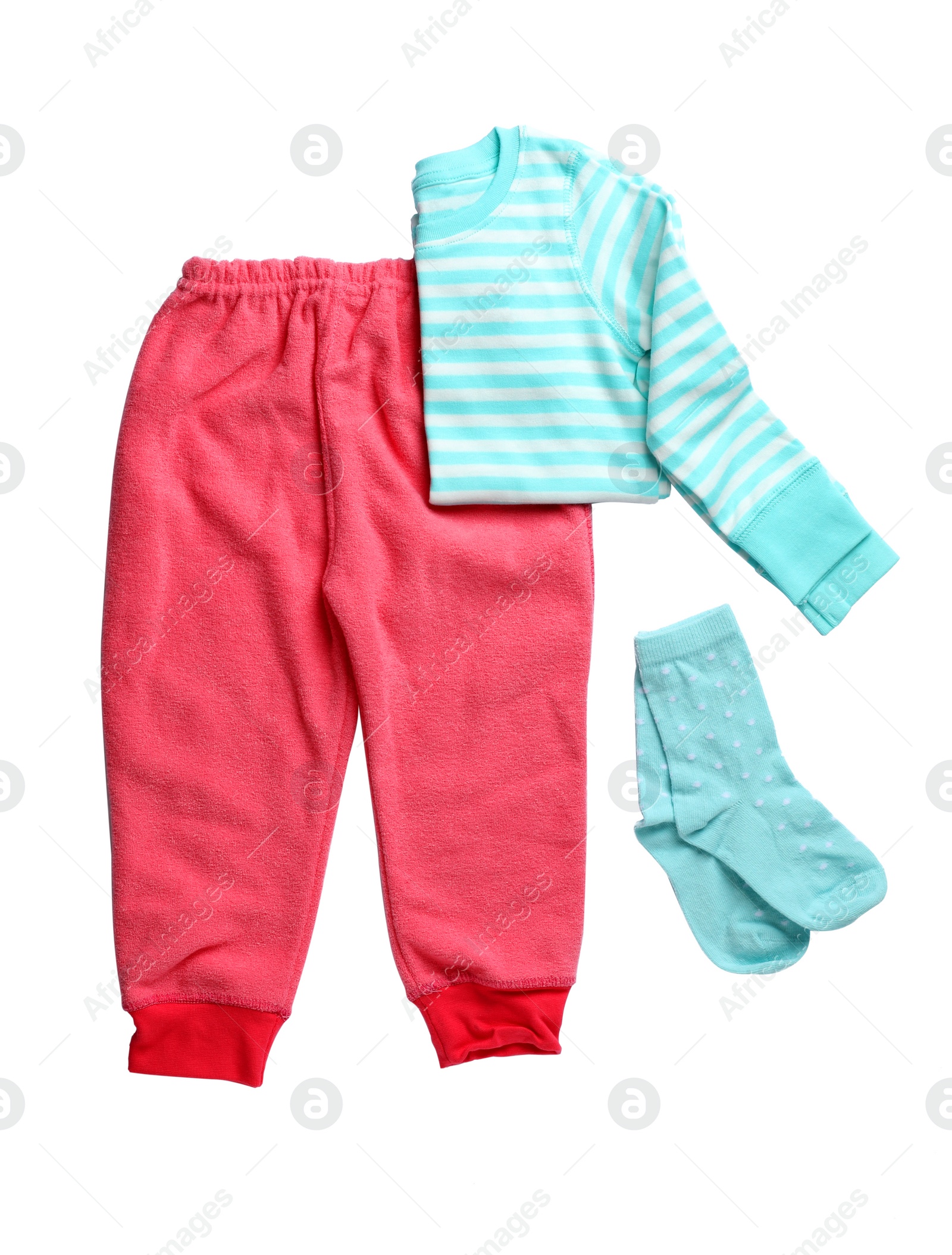 Photo of Flat lay composition with cute child clothes on white background