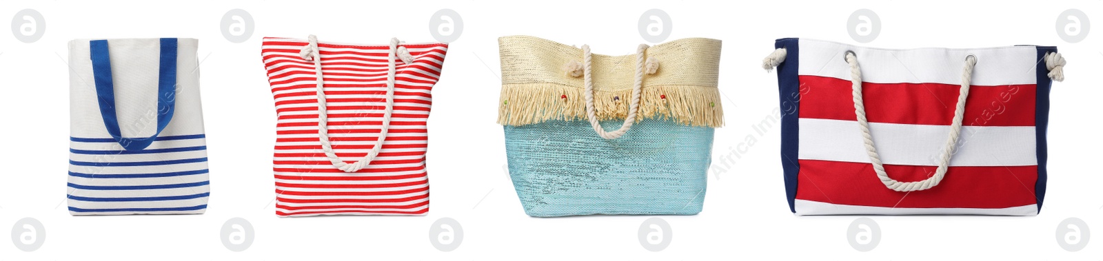 Image of Set with different stylish beach bags on white background. Banner design