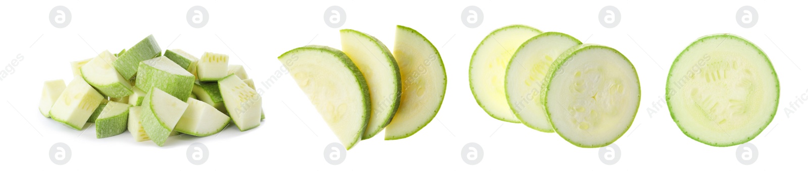 Image of Set of cut squashes on white background, banner design