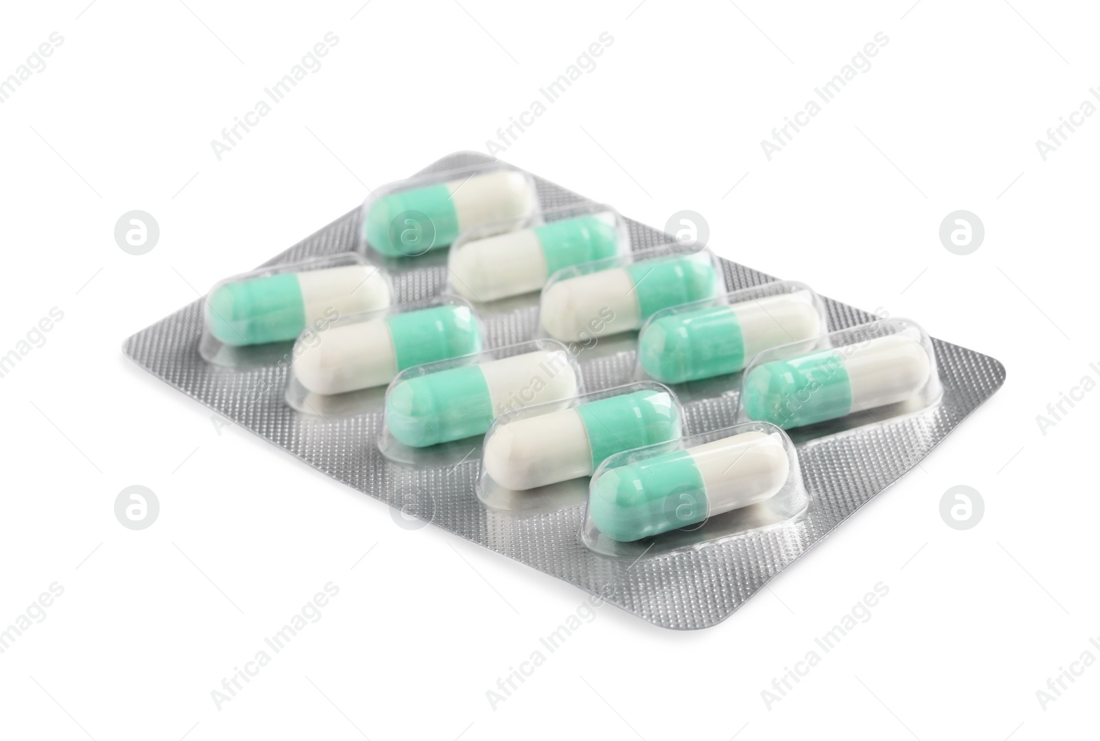 Photo of Blister with bright pills isolated on white